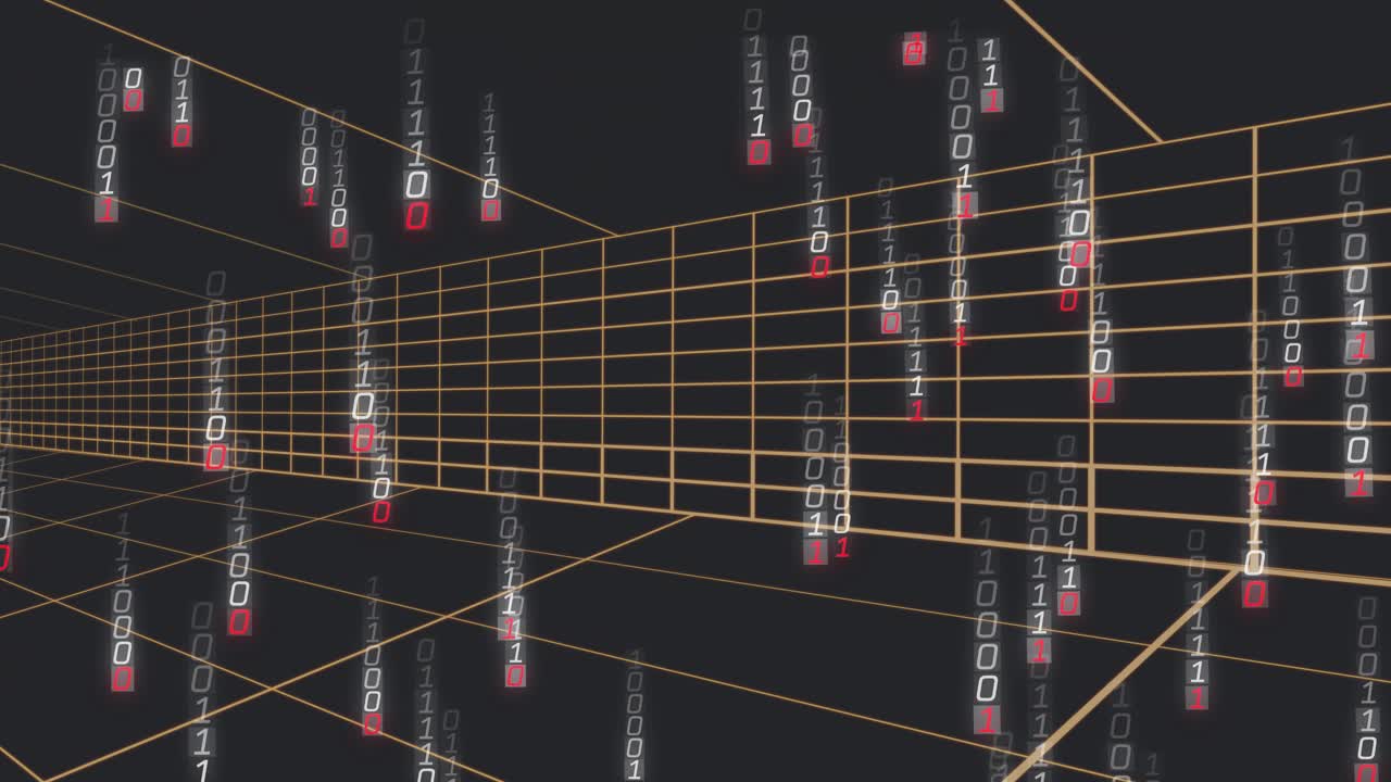 Wireframe corridor appearing, spawning binary streams dropping with red tags, showing data flow