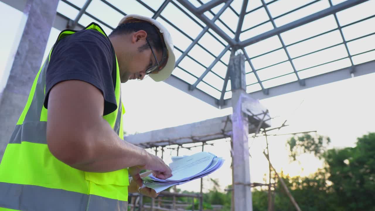 un técnico ingeniero utiliza un papel de planos observando la estructura de techo de acero de inspección en el sitio de construcción de la casa.