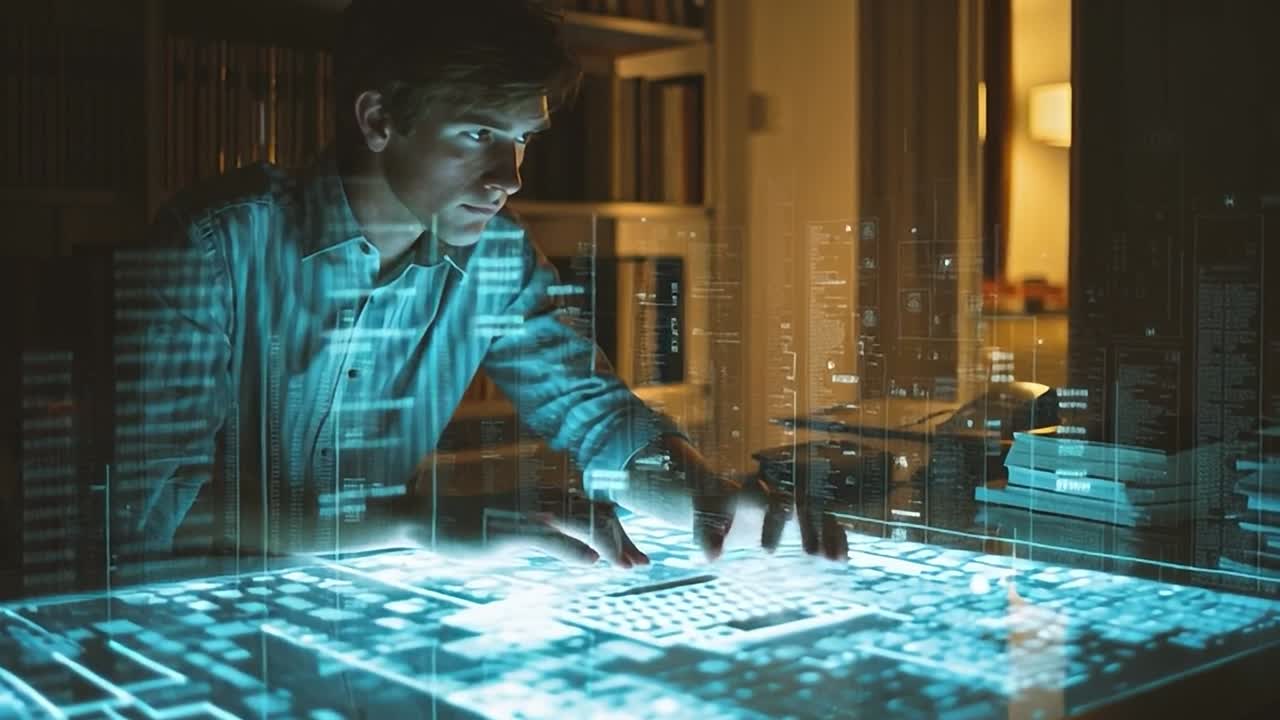 Young man interacts with holographic interface in a modern workspace