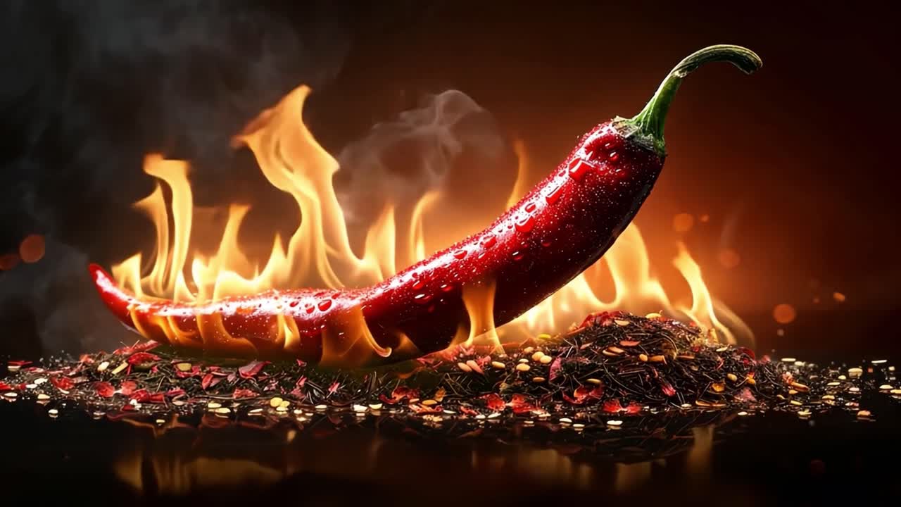 Fiery Red Chili Pepper with Flames