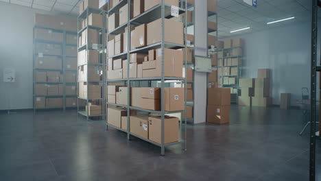 warehouse storage with cardboard boxes on metal shelves