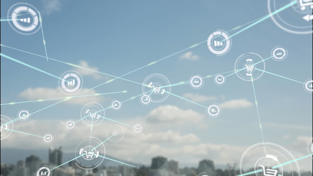 도시 풍경 위의 아이콘으로 연결된 네트워크의 애니메이션