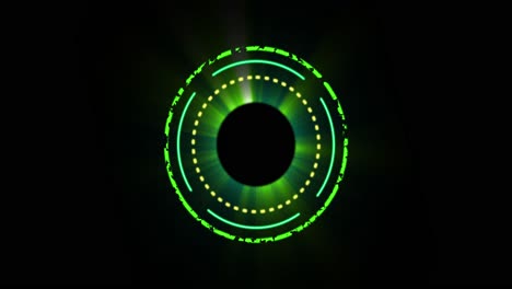 Animation-of-glowing-green-circles-over-black-background