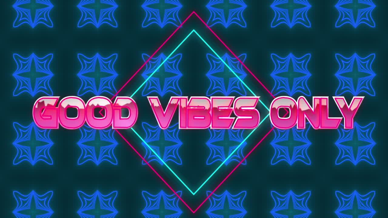 파란색 칼레도스코프 패턴에 대한 텍스트 배너에 대한 좋은 진동에 대한 글리치 효과의 애니메이션