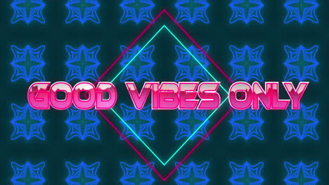 animación del efecto glitch sobre buenas vibraciones sólo banner de texto contra patrones caleidoscópicos azules.