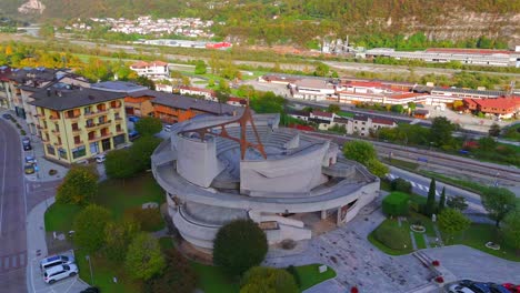 aerial view of modern concrete church in italian town