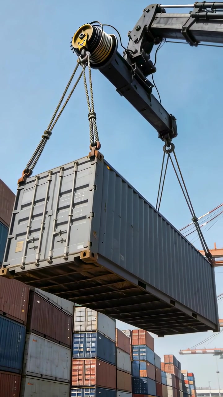 Vertikal video: Hejsekran, der vikler, løfter stålcontainer over havneområde med stropper til stabling.