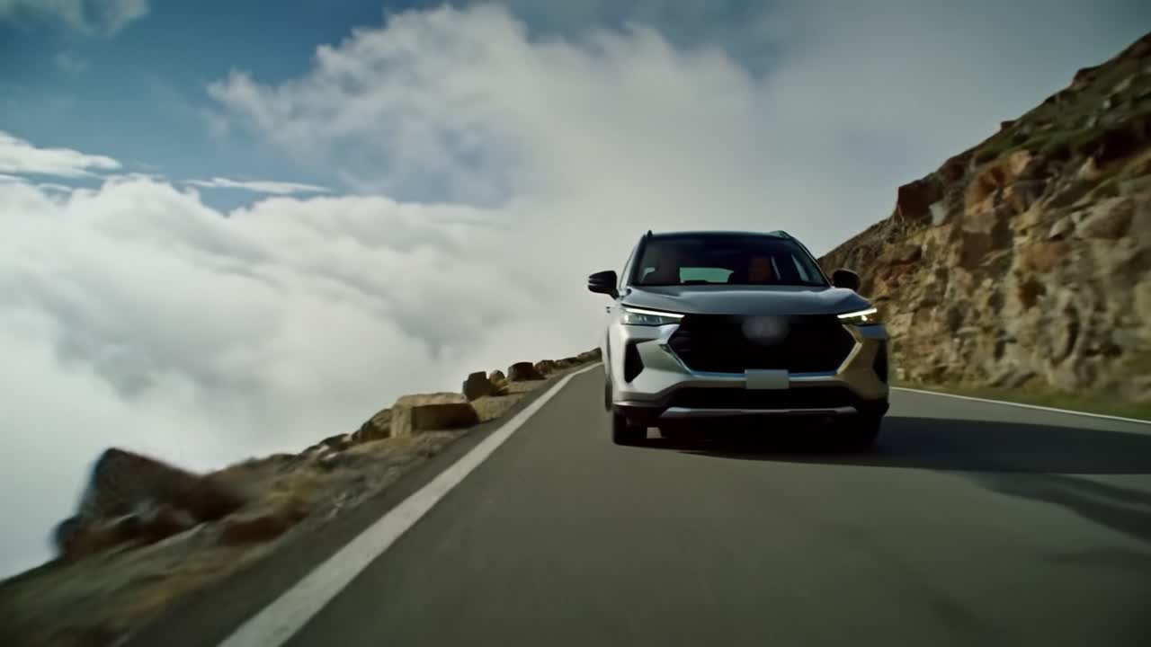 A sleek SUV maneuvers along a winding mountain road, surrounded by stunning landscapes and vibrant clouds. The adventure unfolds in a breathtaking setting, showcasing nature's beauty.