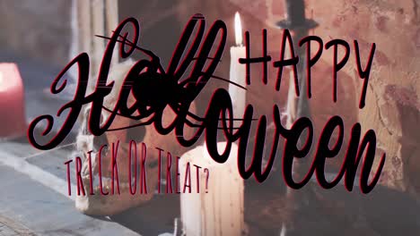 animación de texto feliz de halloween sobre velas y cráneo en el fondo de la pared de ladrillo