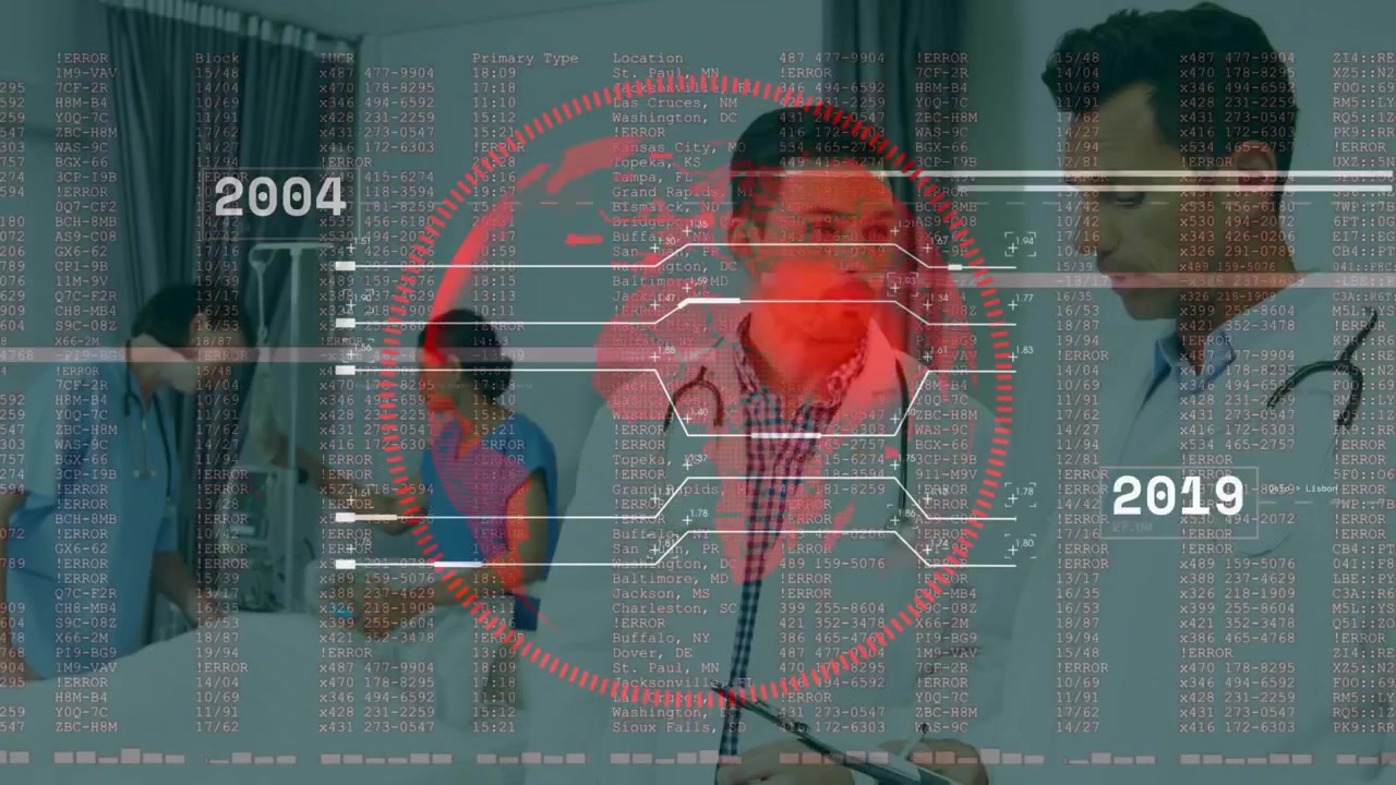 Læge tjekker noter og signalerer til medicinsk team, der administrerer IV, mens en rød globus-tidslinje sporer patienten.