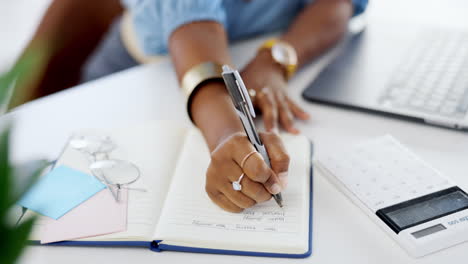 Business hands, pen and writing in book in office