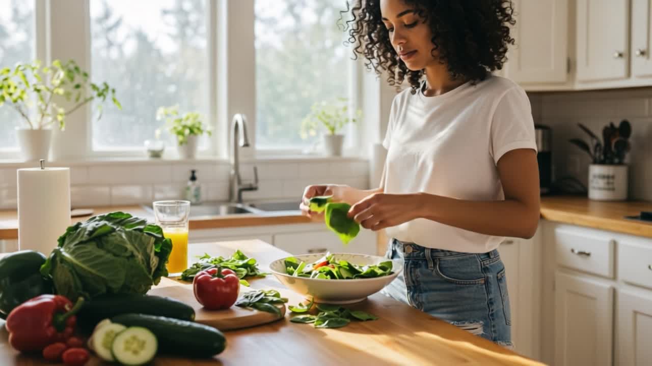 A Woman Preparing a Fresh Salad in a Bright Kitchen Surrounded by Fresh Vegetables and Natural Light, Emphasizing Healthy Eating and Culinary Skills