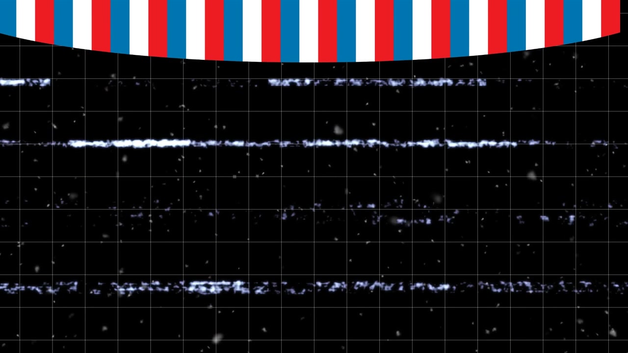 Animation of glitch over dark screen over white, blue and red striped background