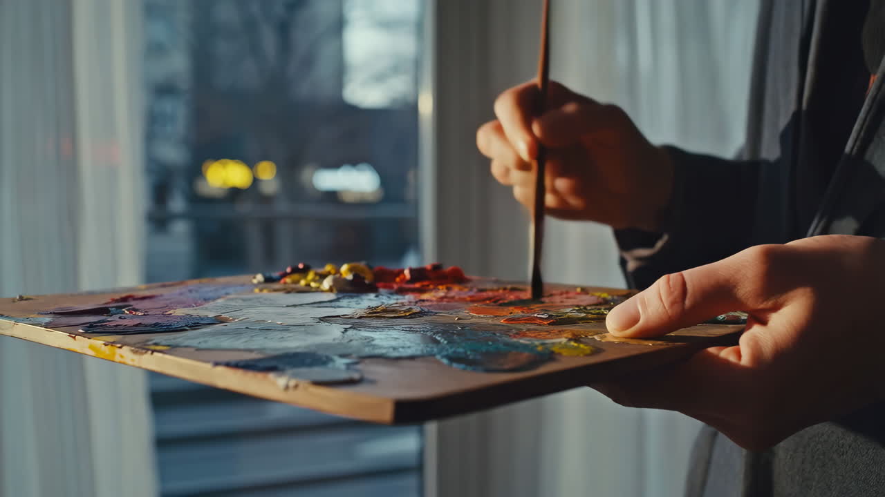 Artist's Hands Mixing Colors on a Palette with a Paintbrush