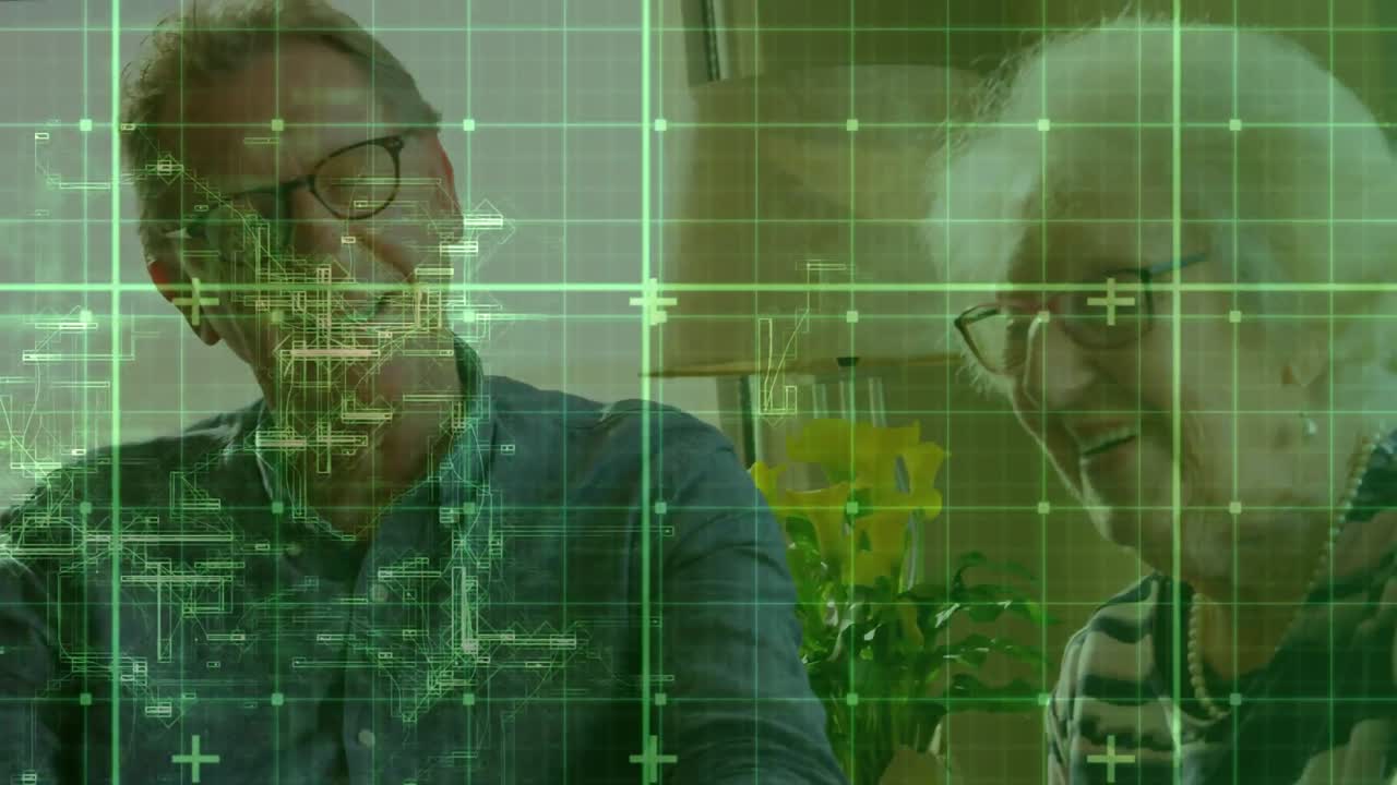 Animation of shapes moving over senior caucasian couple smiling