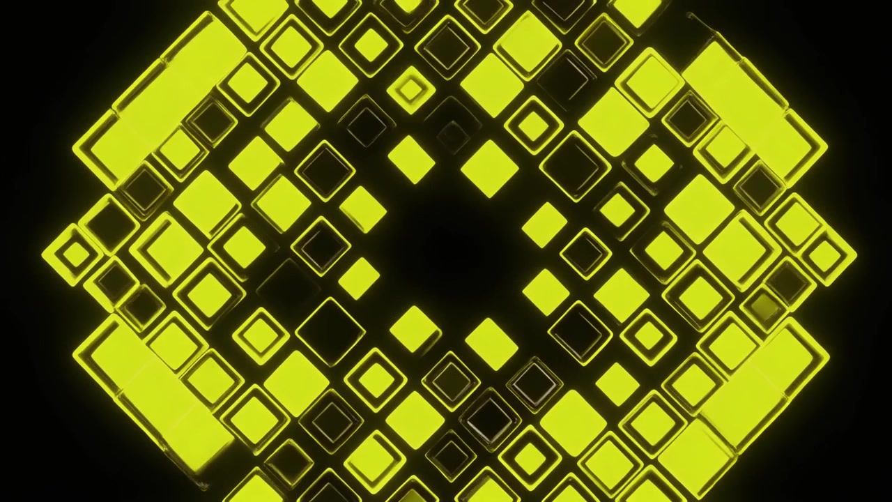 Sfondo animato astratto con quadrati gialli luminosi su sfondo nero.