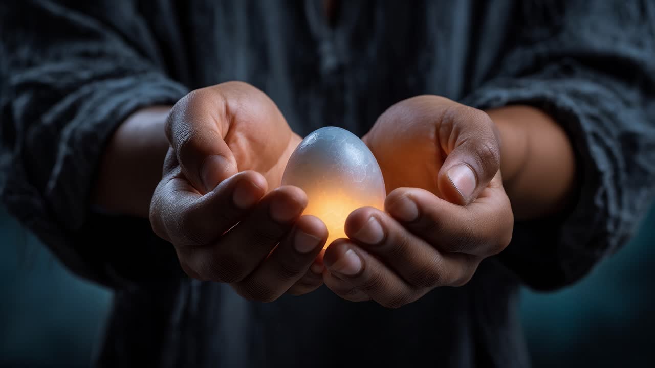 A transformative moment captured as a glowing egg in hands transitions from whole to cracked, symbolizing change, potential, and the birth of new beginnings
