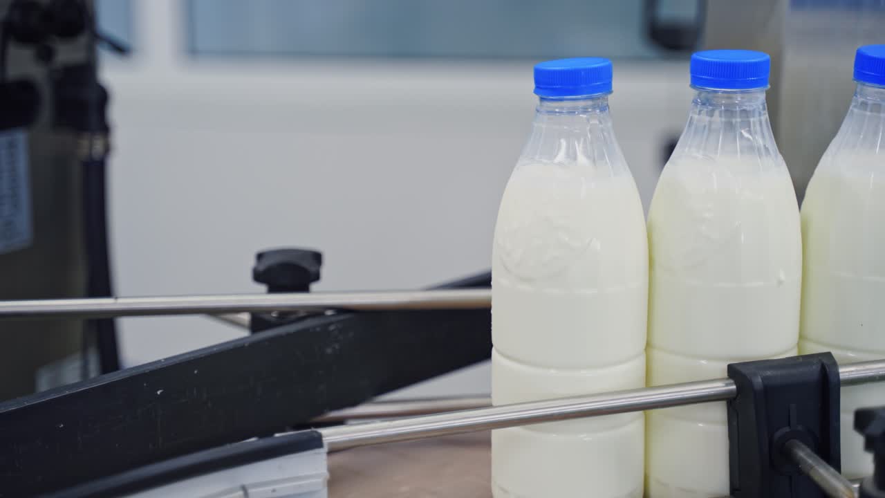 Production line at dairy factory. Automated line for the production of milk in plastic bottles