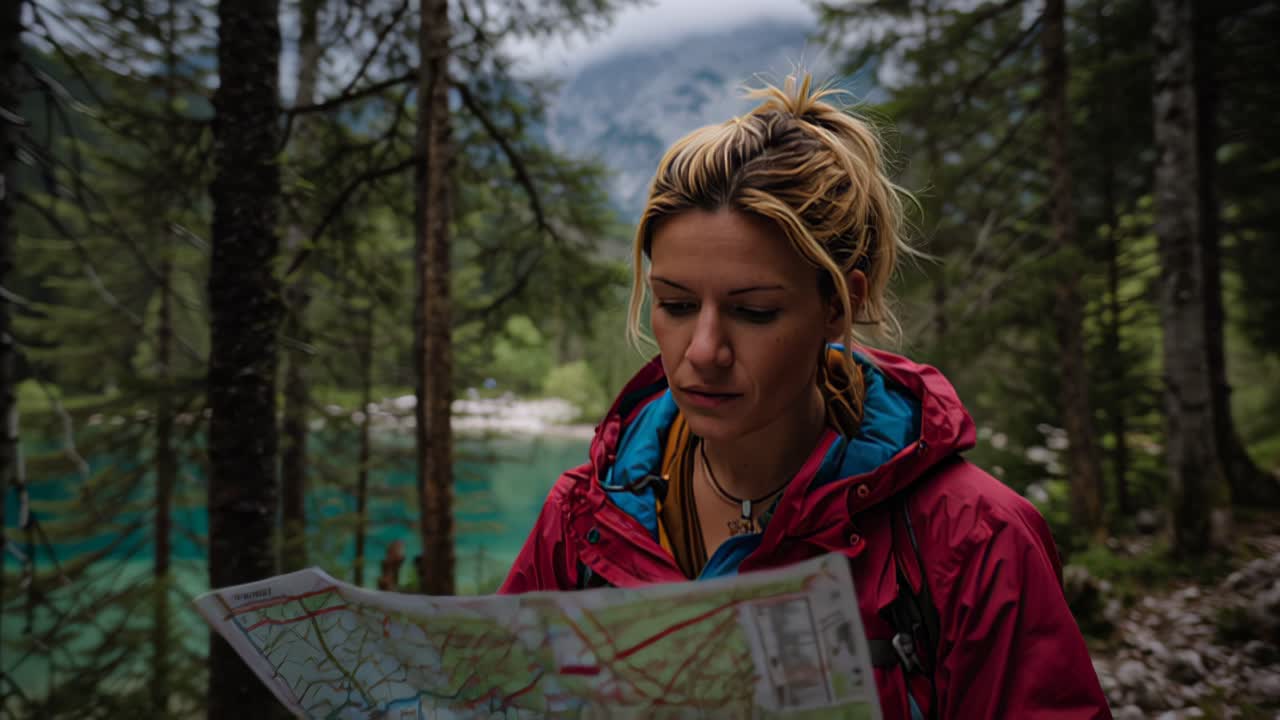 Close-up footage of a young woman hiker studying a paper map in a pine forest near a turquoise alpine lake, travel navigation and outdoor adventure concept