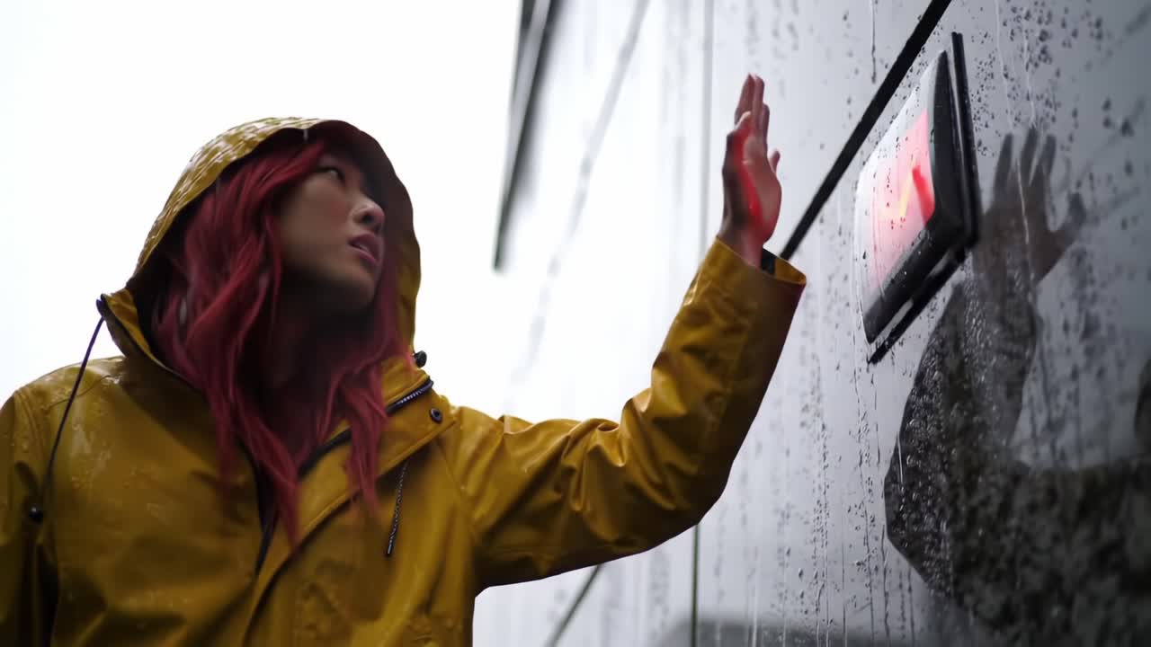 A Young Woman in a Yellow Raincoat Stands Under Rainy Skies, Curiously Observing an Illuminated Sign on a Wet Surface While Rain Falls Around Her