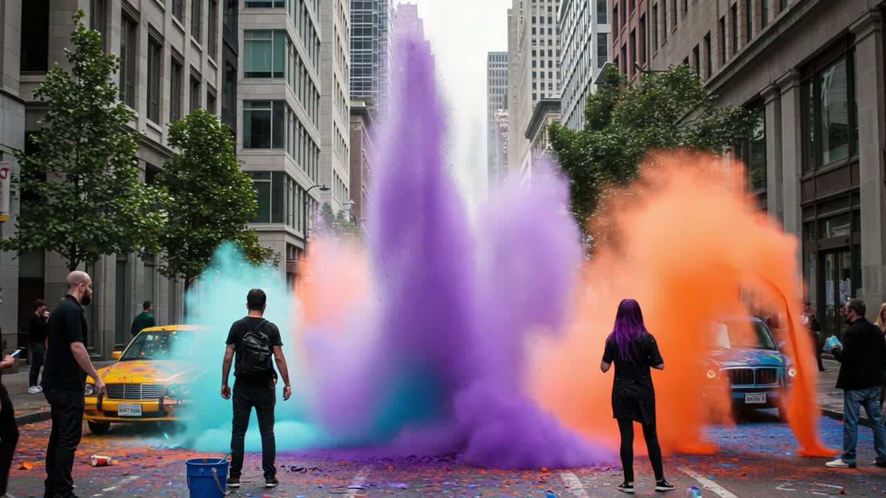 A dynamic celebration unfolds in a bustling downtown area as vibrant colors burst into the air, creating a stunning visual display. Participants engage enthusiastically, with a backdrop of busy city buildings. Brightly colored cars are positioned nearby, contributing to the festive atmosphere. Spect