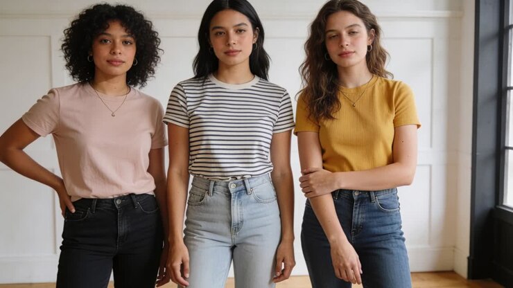Un trio si aggiusta e apporta modifiche in studio mentre la telecamera inquadra più da vicino per lo scatto, con magliette e una finestra a destra.