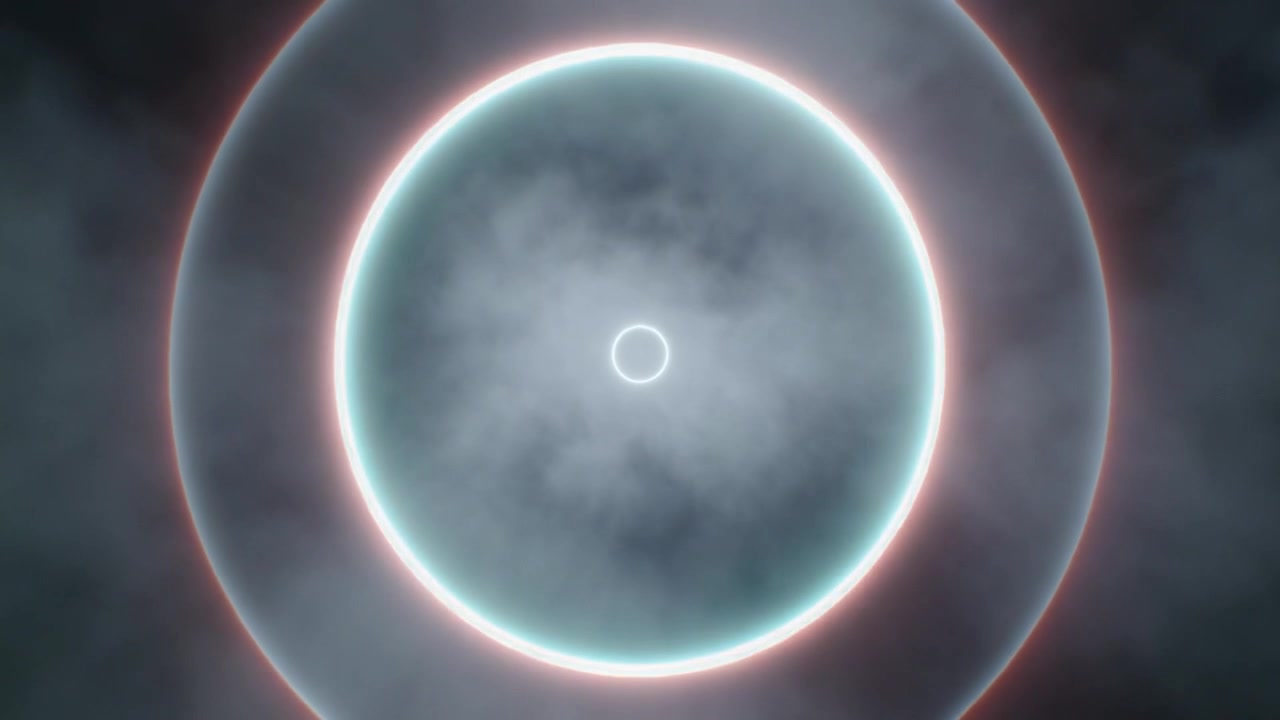 Expanding Neon Rings Pulsing Through Dark Fog