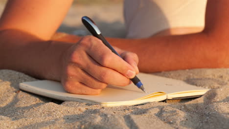 uomo che scrive nel suo diario sulla spiaggia