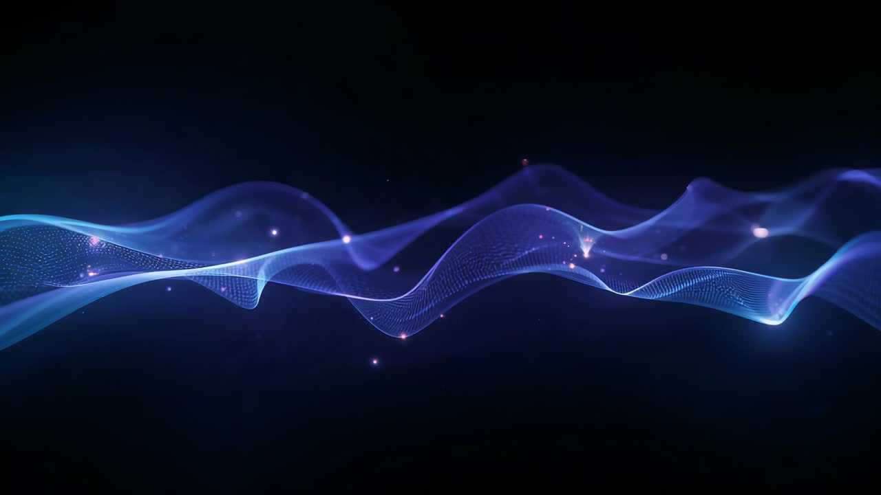 Frame sequence starting, translucent mesh ribbons flowing across black backdrop, glowing particles