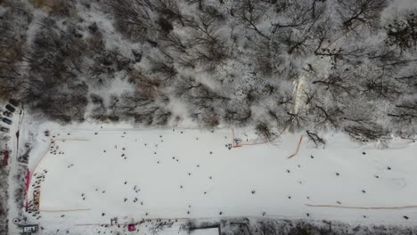 vista de drones en la pendiente de la estación de esquí. bosque y pista de esquí desde el aire. paisaje invernal desde un dron. paisaje nevado en la estación de esquí. fotografía aérea