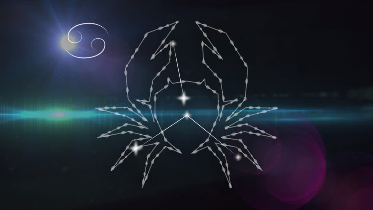 Animation von verbundenen Punkten, die ein Krebssymbol bilden, und sich bewegendem Lens Flare vor schwarzem Hintergrund.
