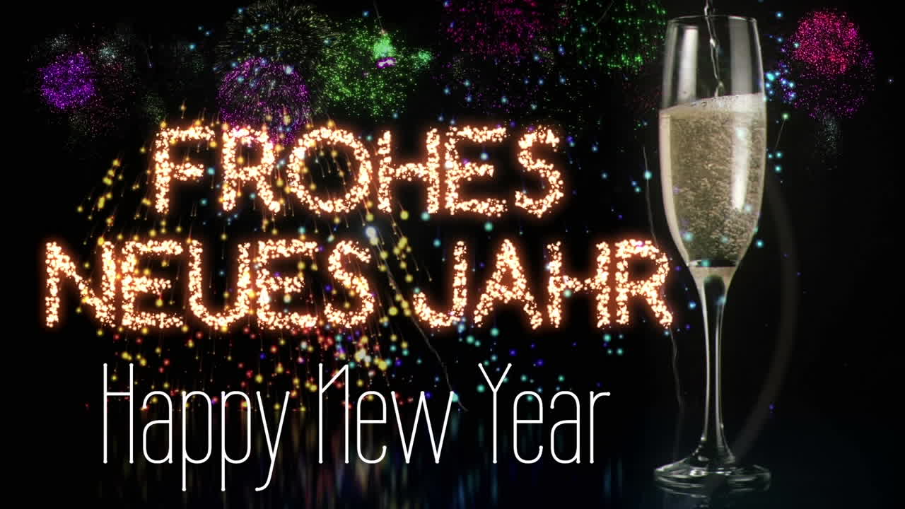Animation of happy new year text with fireworks exploding and glass of champagne