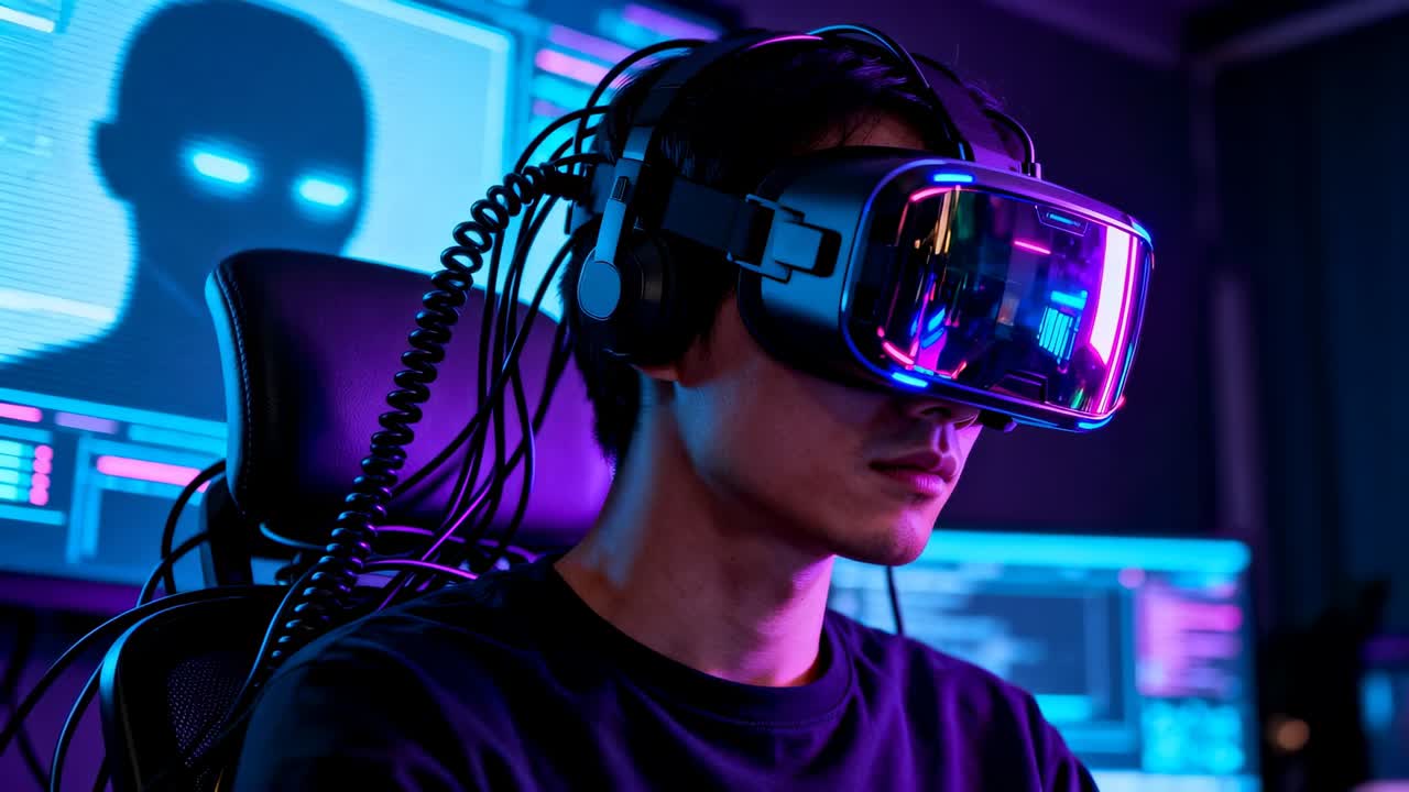 Asiatisk mand sidder med VR-headset og reagerer på pulserende skærme, mens han tester system i et mørkt teknikrum