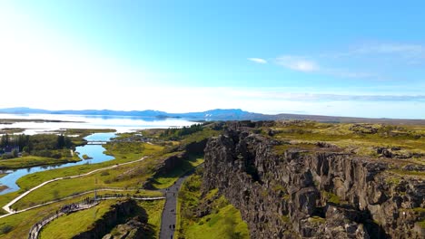 Aerial-view-of-Thingvellir-National-Park,-above-the-tectonic-plates