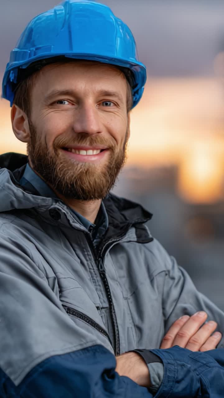 Operaio edile sicuro di sé con cappello che trasuda positività sullo sfondo del tramonto, mettendo in mostra una forte etica del lavoro e professionalità nel settore
