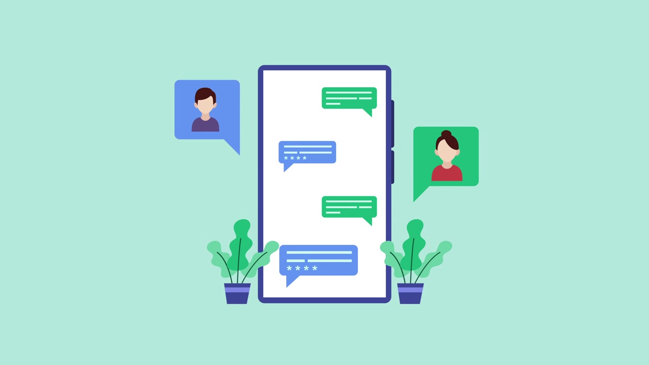 Smartphone animato che mostra una conversazione in chat tra due persone