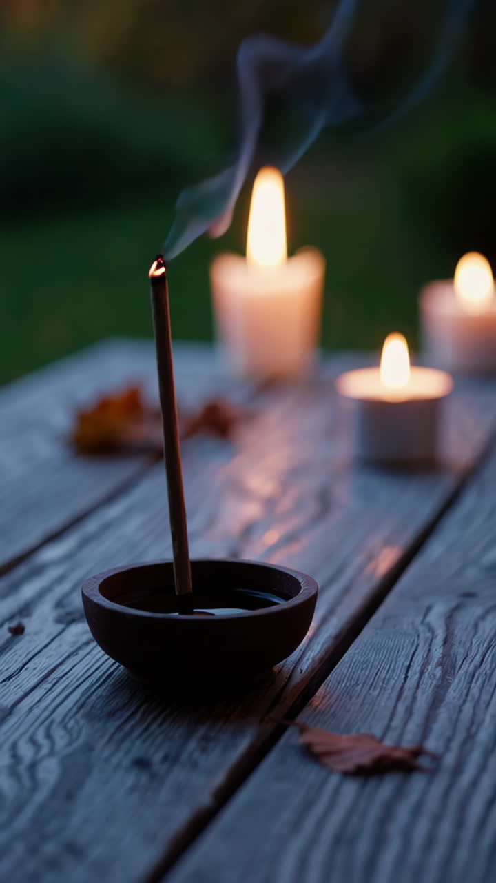 Incense stick and candles on a wooden table at dusk