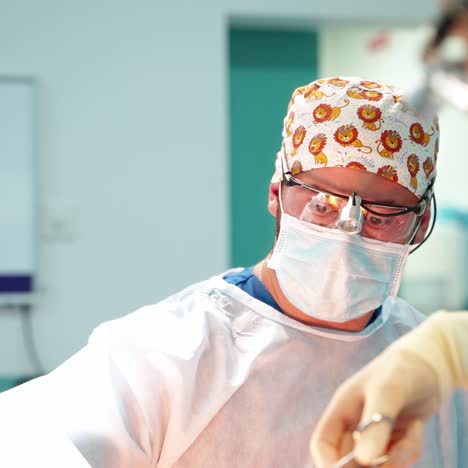 group of surgeons in medical glasses in operating room. professional doctors and a nurse perform a plastic surgery. medical concept.