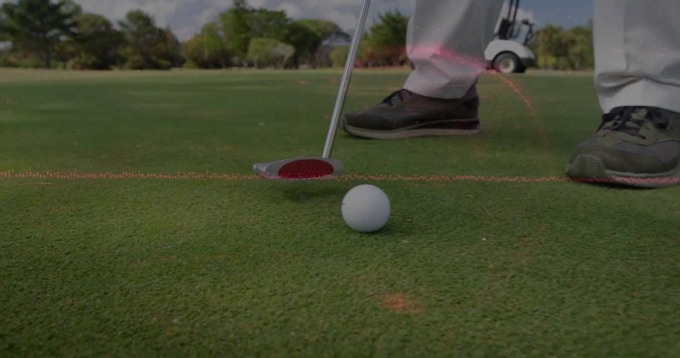 Laser appearing, golfer bringing putter, clubhead hitting ball, ball rolling into cup to sink