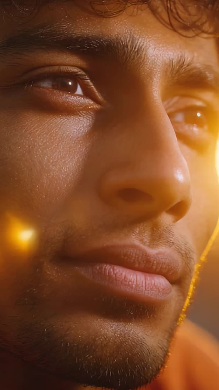 Um retrato em close-up capturando as emoções intensas e as expressões únicas de um jovem banhado em luz quente em duas molduras distintas