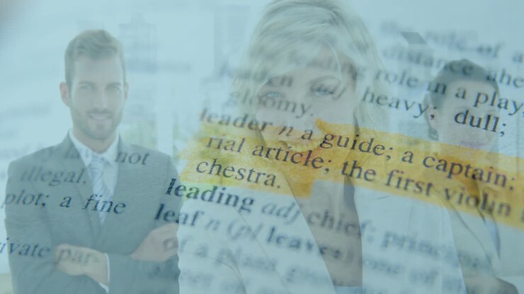 Animating highlighted dictionary text over business people working in office