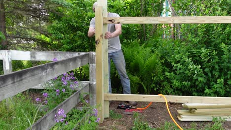 young adult man working on wooden fence in his backyard, static view