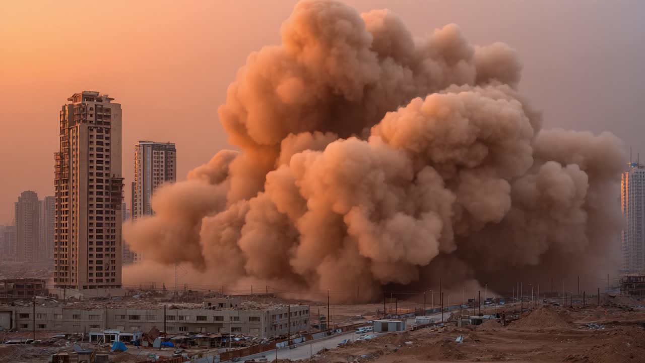 Una scena drammatica di demolizione urbana catturata al tramonto, che mostra un'enorme nuvola di polvere che si alza dal suolo tra alti edifici sullo sfondo.