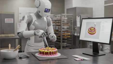 Advanced Culinary Robotics: An Innovative Chef Robot Perfects Cake Decoration Using Precision Tools and Digital Guidance in a Modern Baking Environment