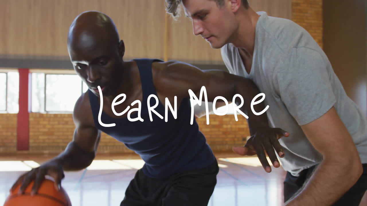 In school, two men playing basketball with animation text overlay Learn More