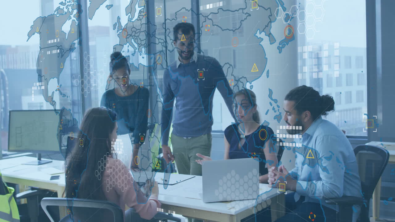 Global data analytics animation over diverse business team collaborating in office