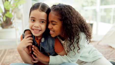 family, sisters and children hug at home for love