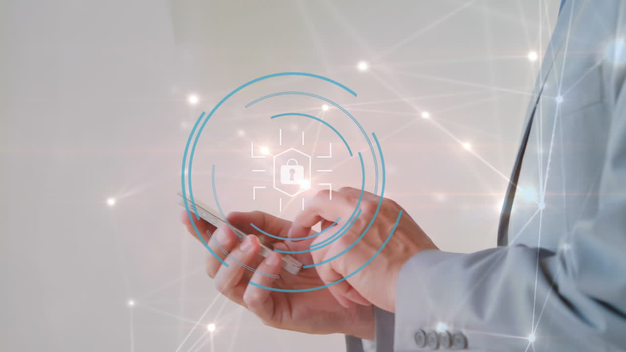 연결 네트워크의 애니메이션과 카우카스 사업가에 대한 스캔 범위