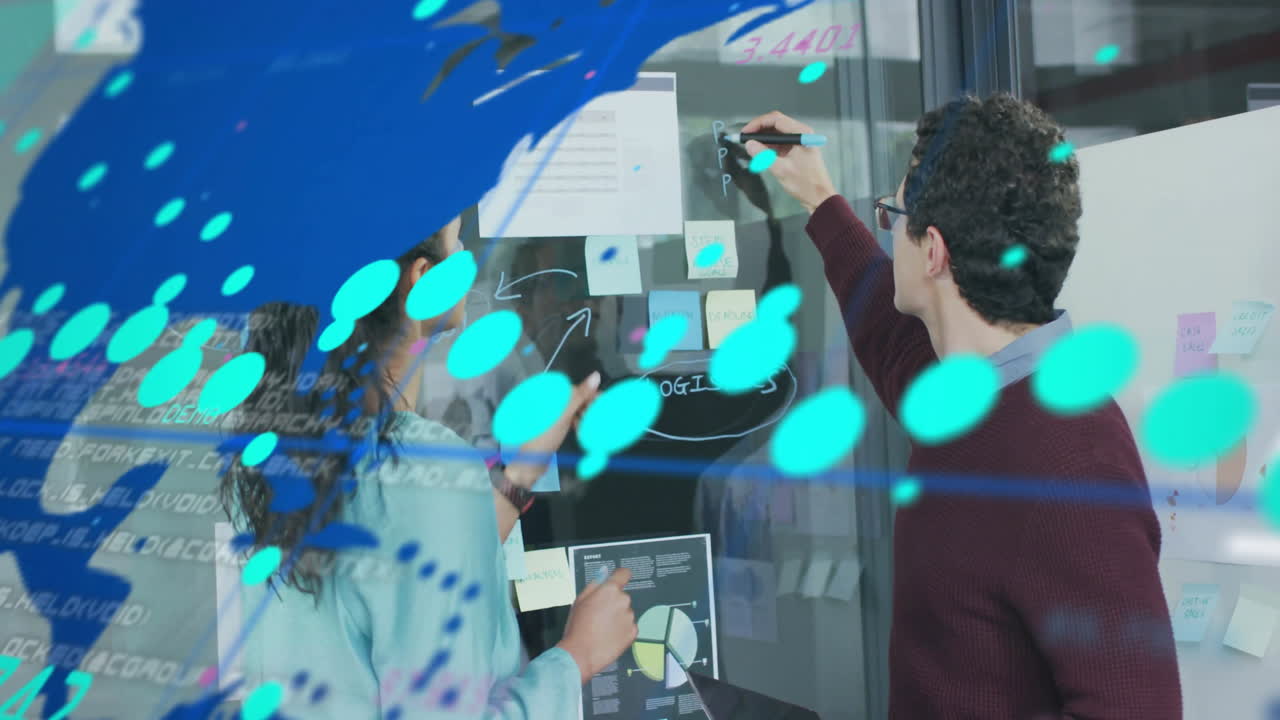 Animation of financial data processing over diverse business people in office