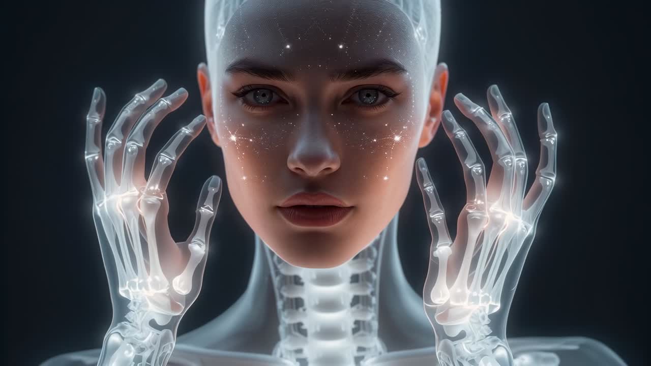 Play starting CGI woman turning right, rotating xray hands in studio, showing lit skull and lights
